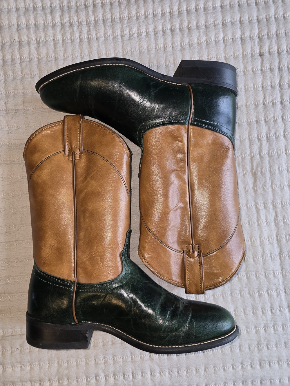 Laredo Two-Tone Green and Tan Leather Roper Western Heeled Boots. Barely Worn! - Picture 3 of 9